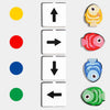 A set of six wooden Montessori direction game cards showing upward, right, down, and left arrows, along with three fish-shape