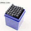 A purple plastic box filled with 36 small, dark metal stamping tools for marking leather, metal, and wood.