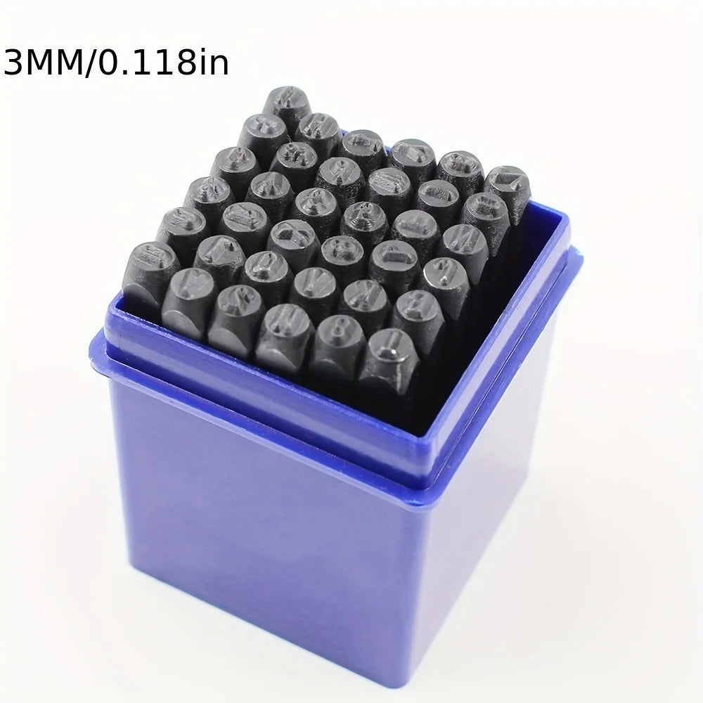 A purple plastic box filled with 36 small, dark metal stamping tools for marking leather, metal, and wood.
