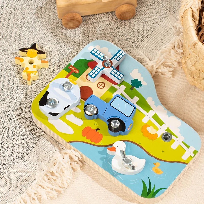 Farm Animal Wooden Screw Puzzle Toy Set with Child-Safe Tools