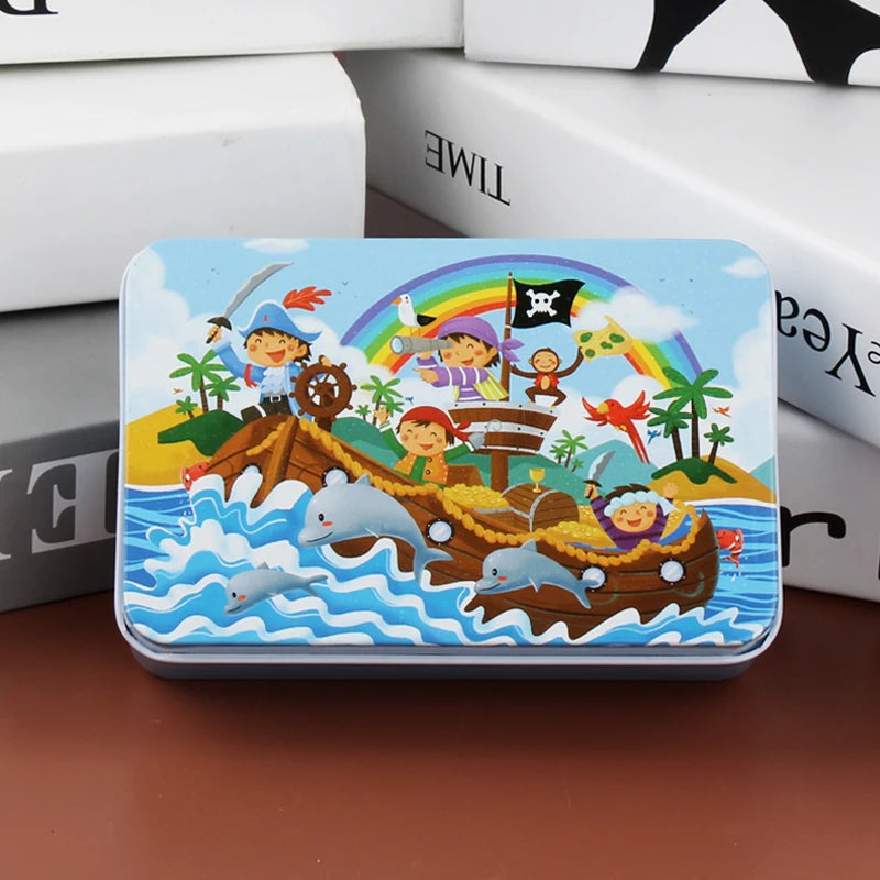 A rectangular jigsaw puzzle featuring wooden animals and vehicles on a blue background.