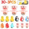 A set of 30 plastic animal racing cars, including pigs, chicks, and other animals, designed for climbing stairs on an electri