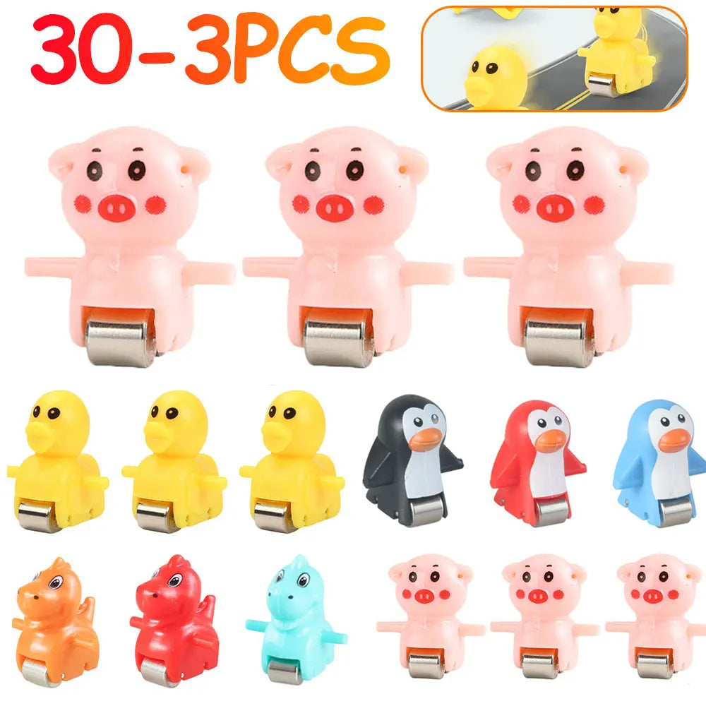 A set of 30 plastic animal racing cars, including pigs, chicks, and other animals, designed for climbing stairs on an electri