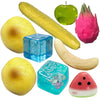 A collection of squishy fidget toys including a yellow lemon, a blue cube, a green apple, and a pink pineapple.