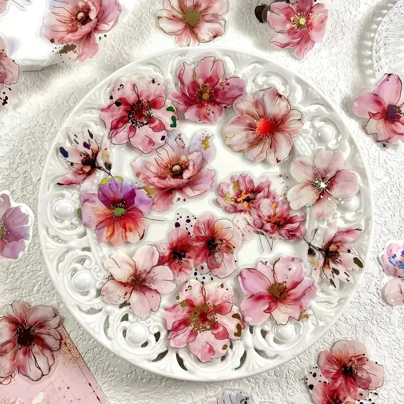 White floral hot stamp stickers featuring pink and magenta flowers for journaling and scrapbooking