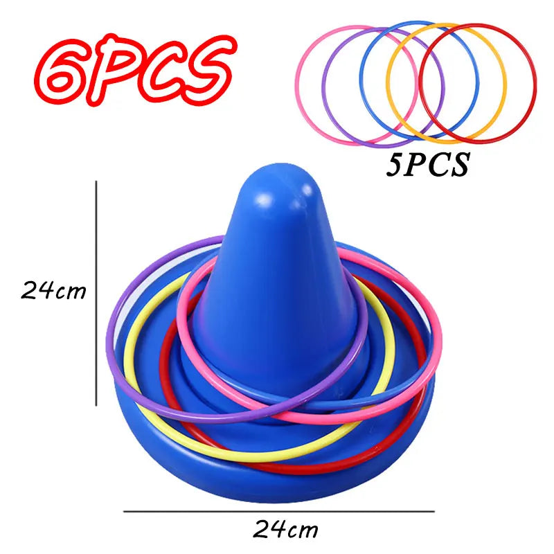 A blue balance stone sensory training toy set with colored rings and a conical base.