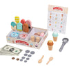Wooden ice cream counter play set with various ice cream flavors and scoops, along with a spoon.