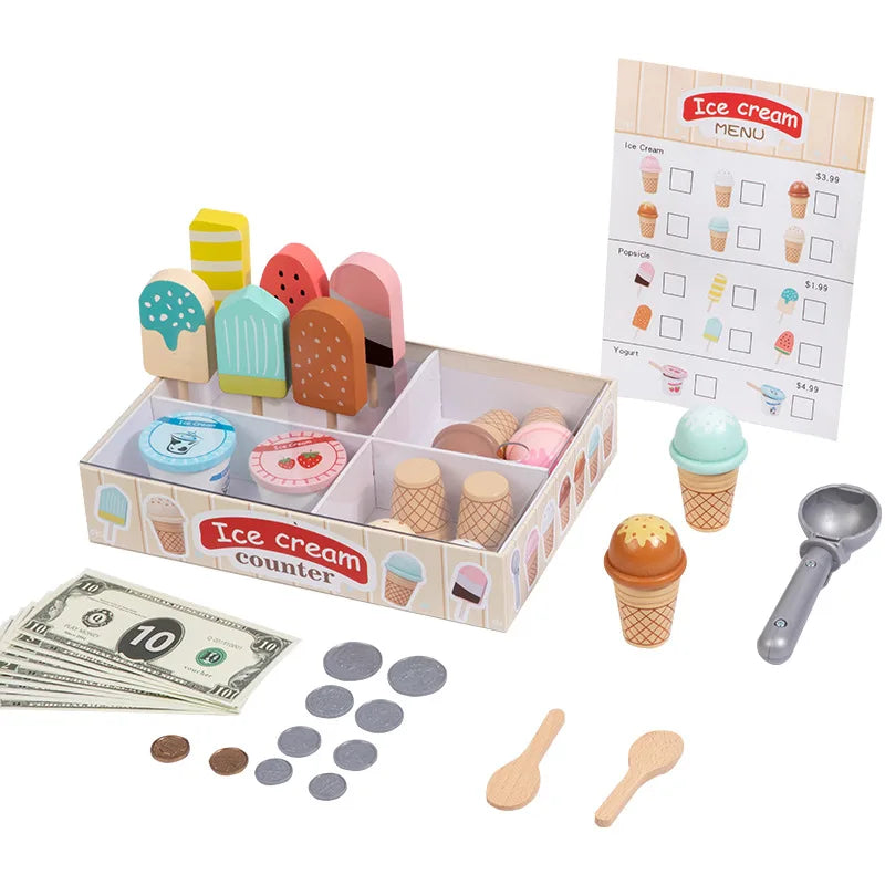 Wooden ice cream counter play set with various ice cream flavors and scoops, along with a spoon.