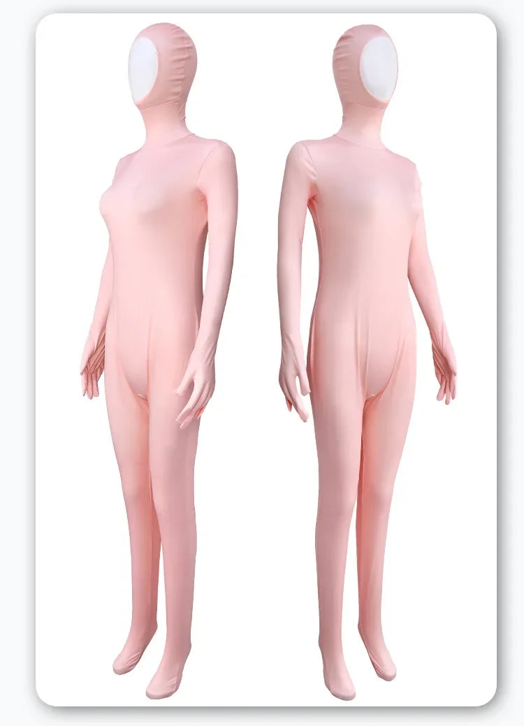 A full body spandex morph suit in a light pink color shown from the back.