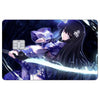 Anime girl with long black hair wearing a purple patterned kimono and wielding a glowing blue sword against a dark background