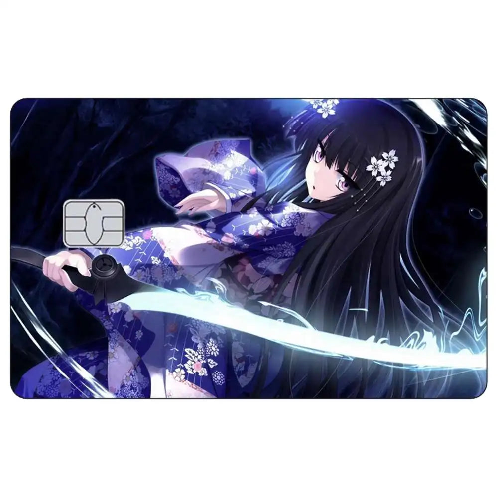 Anime girl with long black hair wearing a purple patterned kimono and wielding a glowing blue sword against a dark background