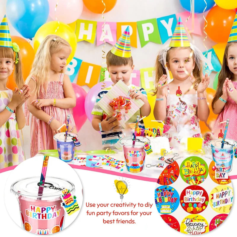 A colorful display of DIY birthday party favors including cups, stickers, and pencils for children.