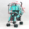 A teal universal stroller rain cover with adjustable height markings shown against a white background.