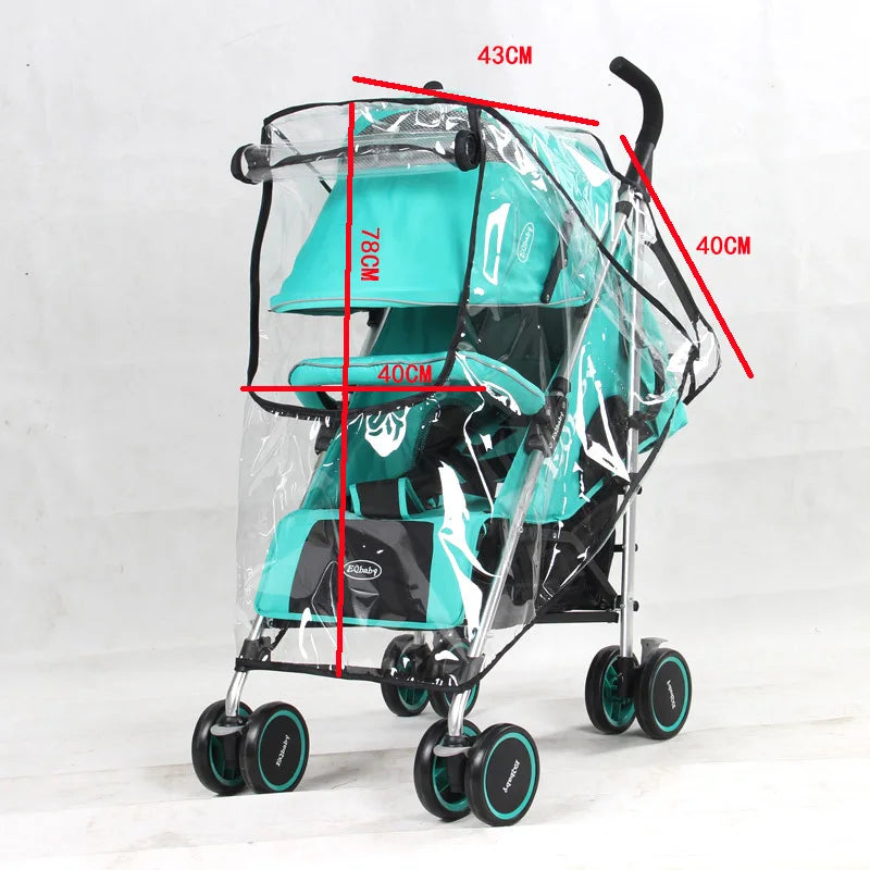 A teal universal stroller rain cover with adjustable height markings shown against a white background.