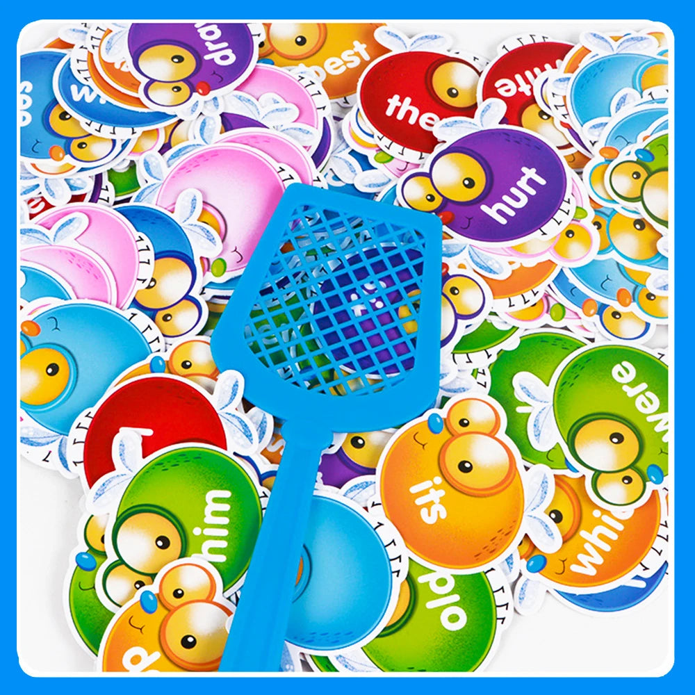 A colorful fly swatter game set for kids featuring four plastic squirt toys and a blue plastic pestle.
