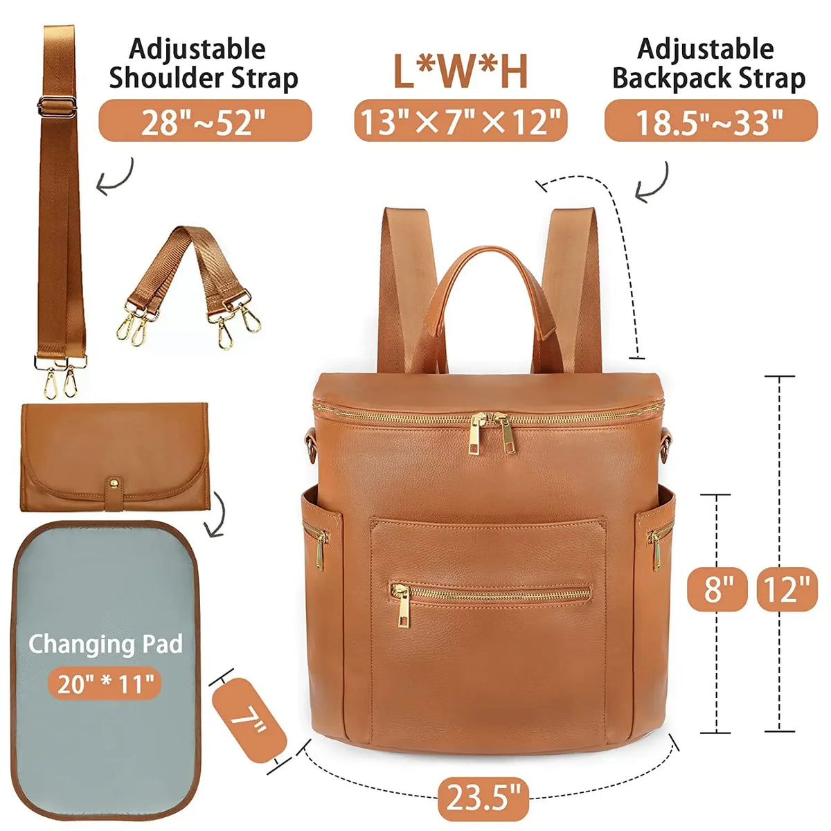 PU Leather Diaper Backpack with Changing Pad and Stroller Straps