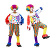 A full clown costume set for adults featuring bright colors, a ruffled collar, and colorful hair.