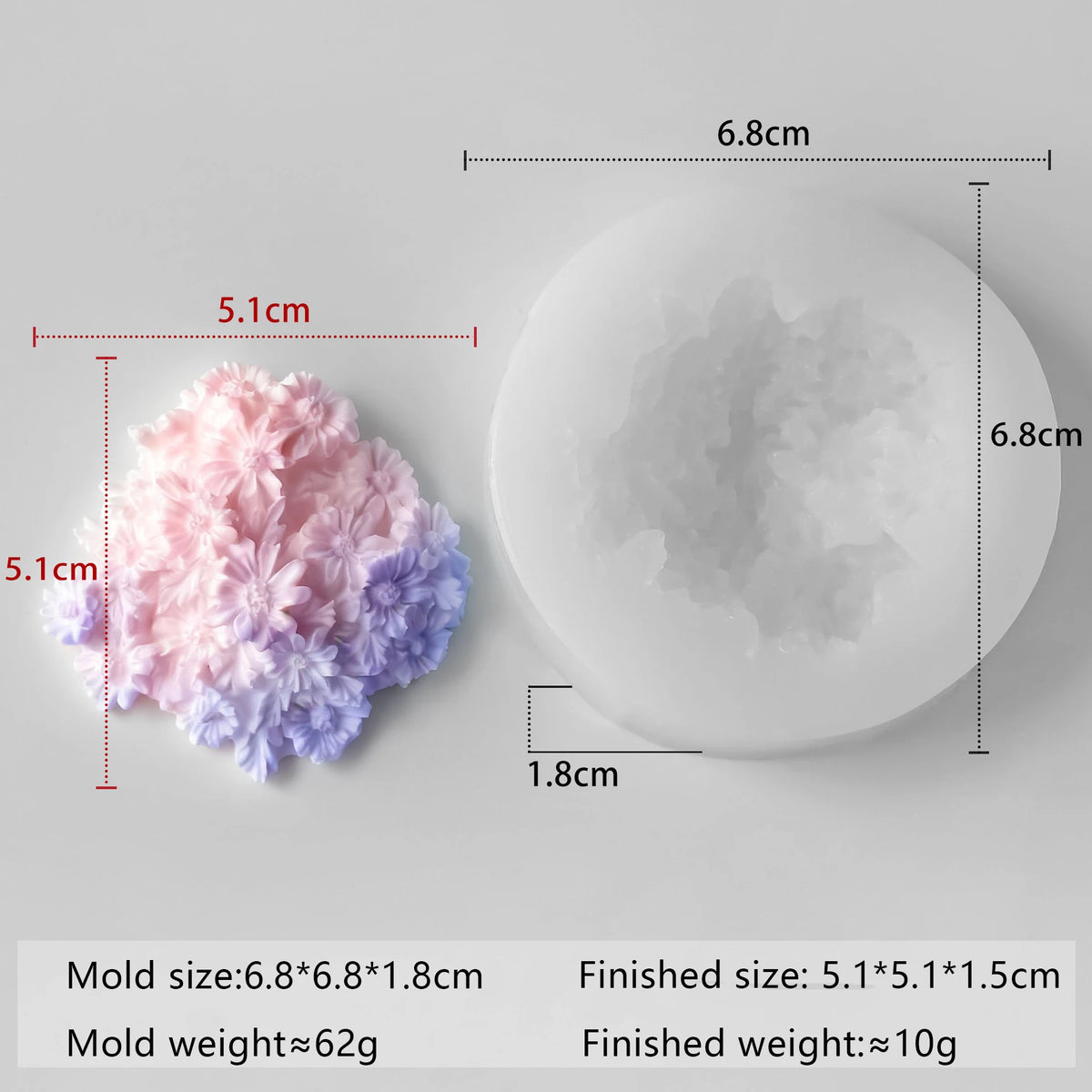 A white silicone mold with a pink and purple flower design shown next to its finished size and weight.