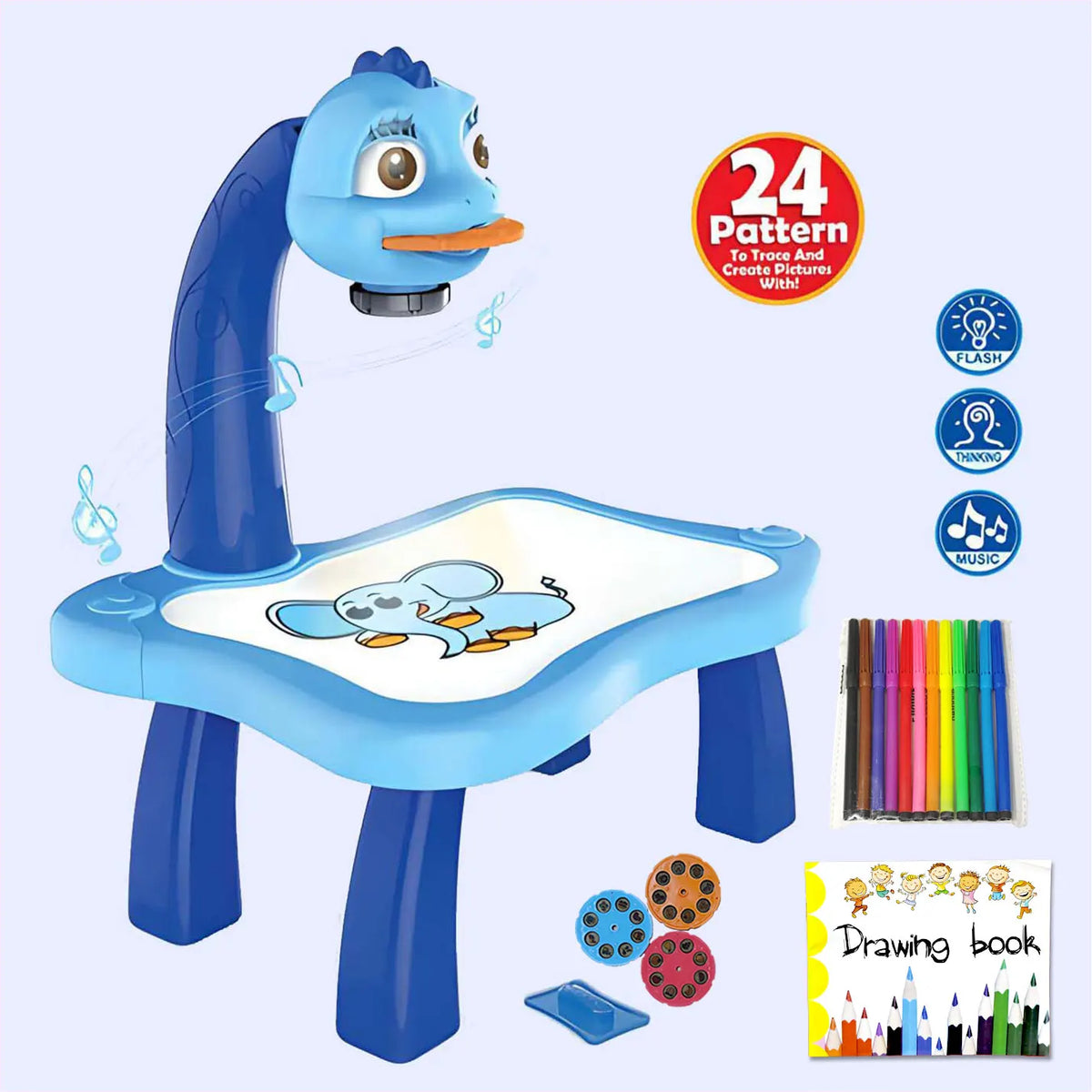 A blue kids drawing projector with a curved arm, featuring a tablet and a set of colored pencils and a drawing book.