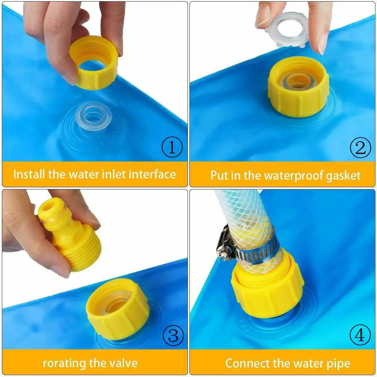 Step-by-step instructions showing how to install and connect a water inlet interface and gasket for an inflatable kids water 