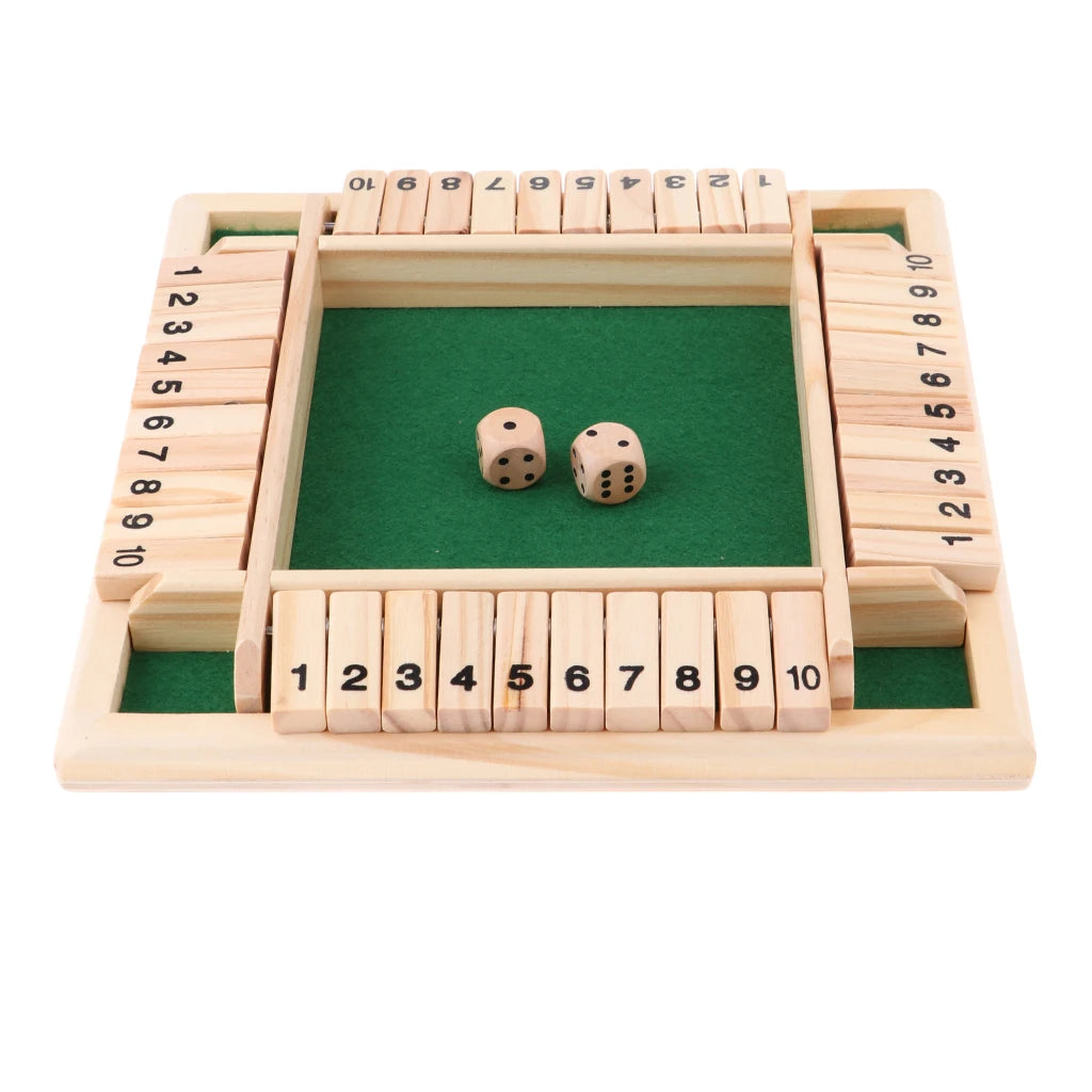 A wooden game board for a four-player dice game with a green playing area and wooden dice.