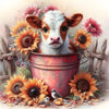 A fluffy brown and white Highland calf looks out from a terracotta pot surrounded by sunflowers and small birds.