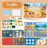A collection of Montessori quiet book pages featuring various sticker activity sets and themed illustrations for toddlers.