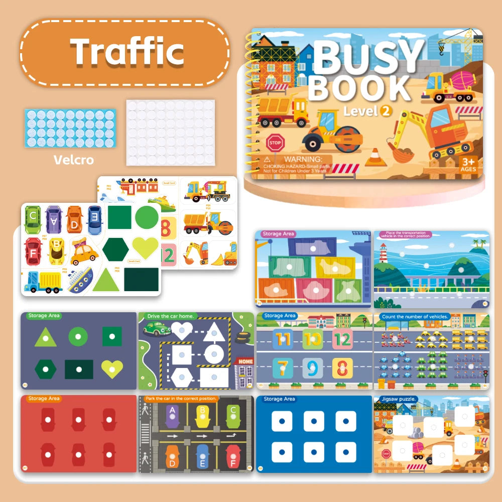A collection of Montessori quiet book pages featuring various sticker activity sets and themed illustrations for toddlers.