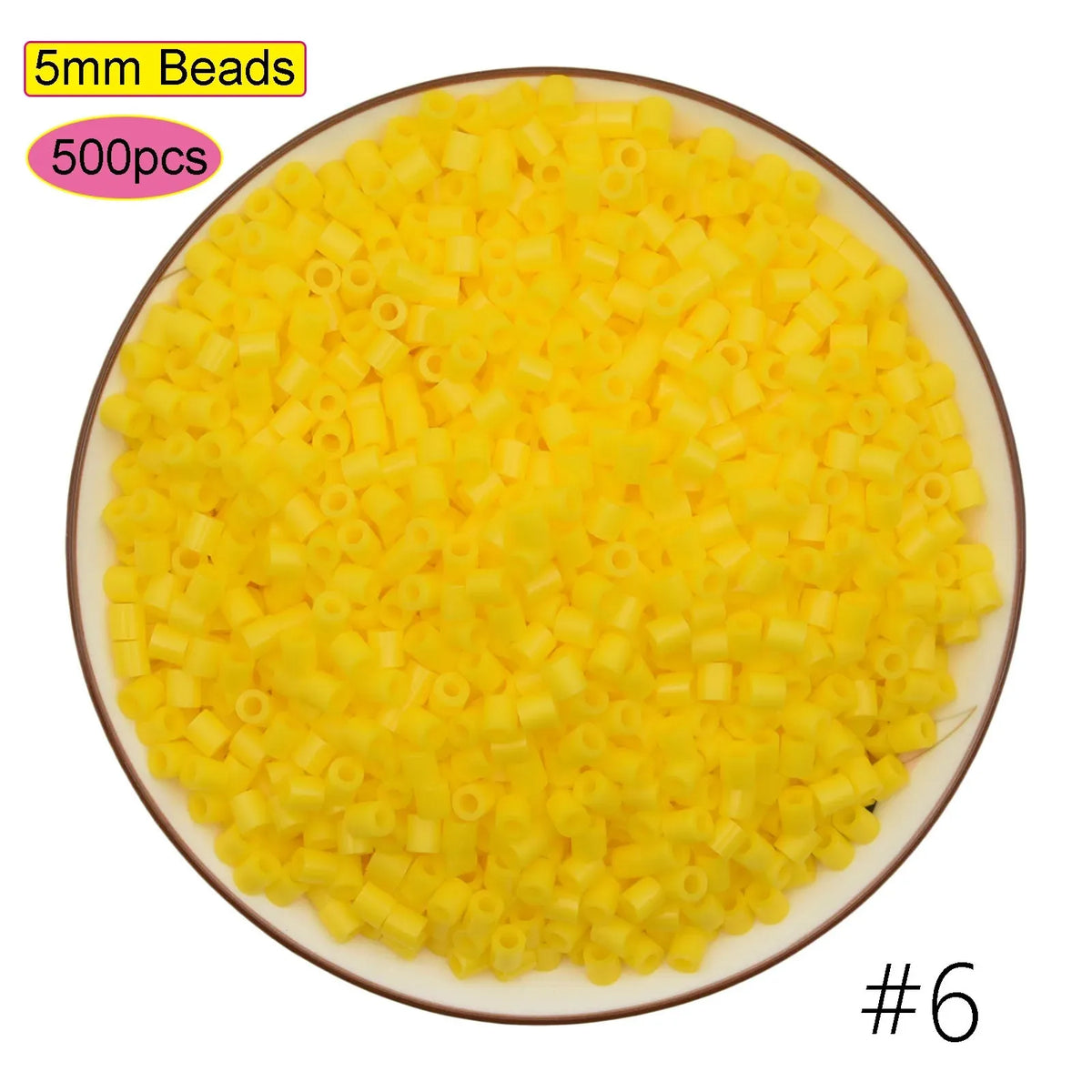 A pile of 5mm yellow beads, totaling 500 pieces, displayed on a round plate.