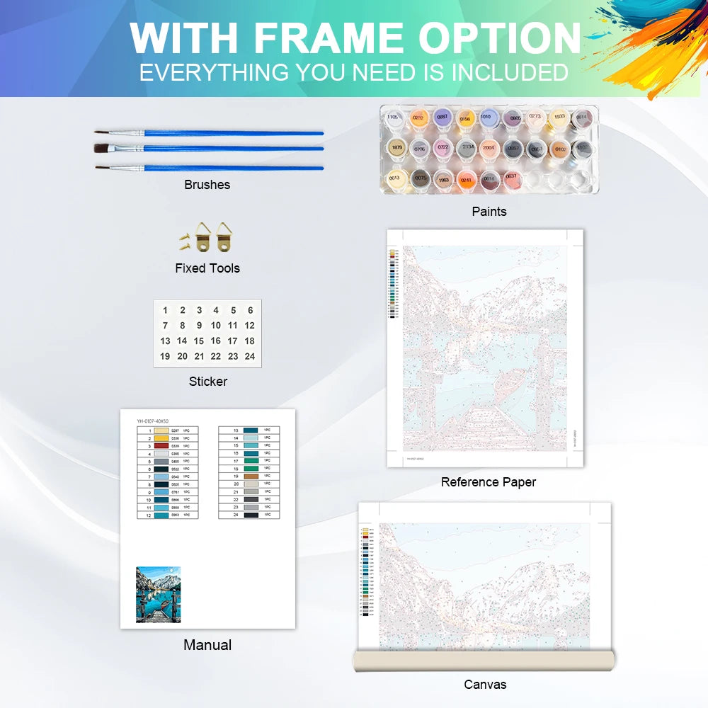 A kit including brushes, paints, fixed tools, stickers, reference paper, and a canvas for a landscape paint by numbers projec