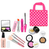 A pink kids pretend play makeup set featuring various cosmetic items and a safe mirror.