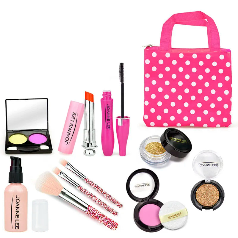 A pink kids pretend play makeup set featuring various cosmetic items and a safe mirror.