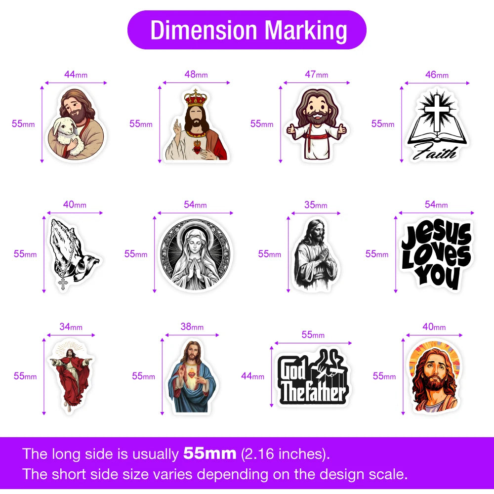 Dimension markings showing various sizes of Christian faith themed stickers with corresponding measurements.