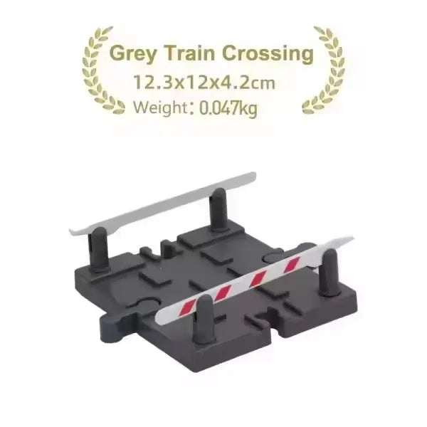 Grey train crossing accessory set with a white striped barrier and support structure