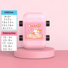 A pink roller stamp for math practice showing addition and subtraction problems.