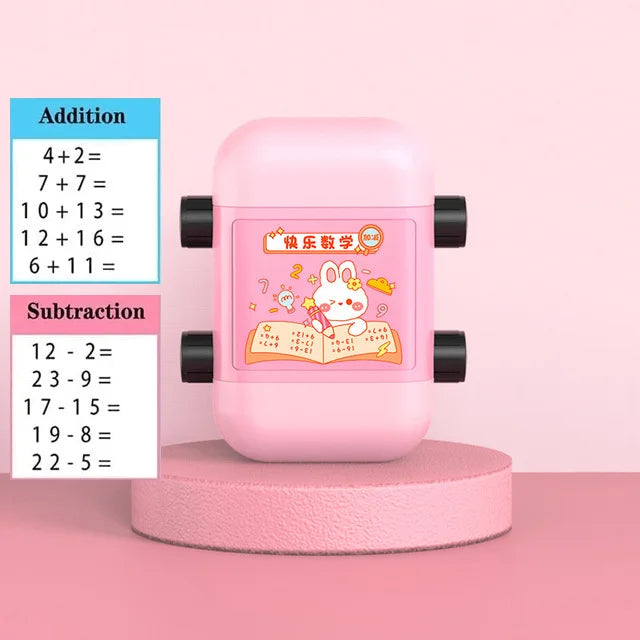 A pink roller stamp for math practice showing addition and subtraction problems.