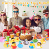 A collection of colorful rubber ducks and party favors for kids, including a cake and smiling children.