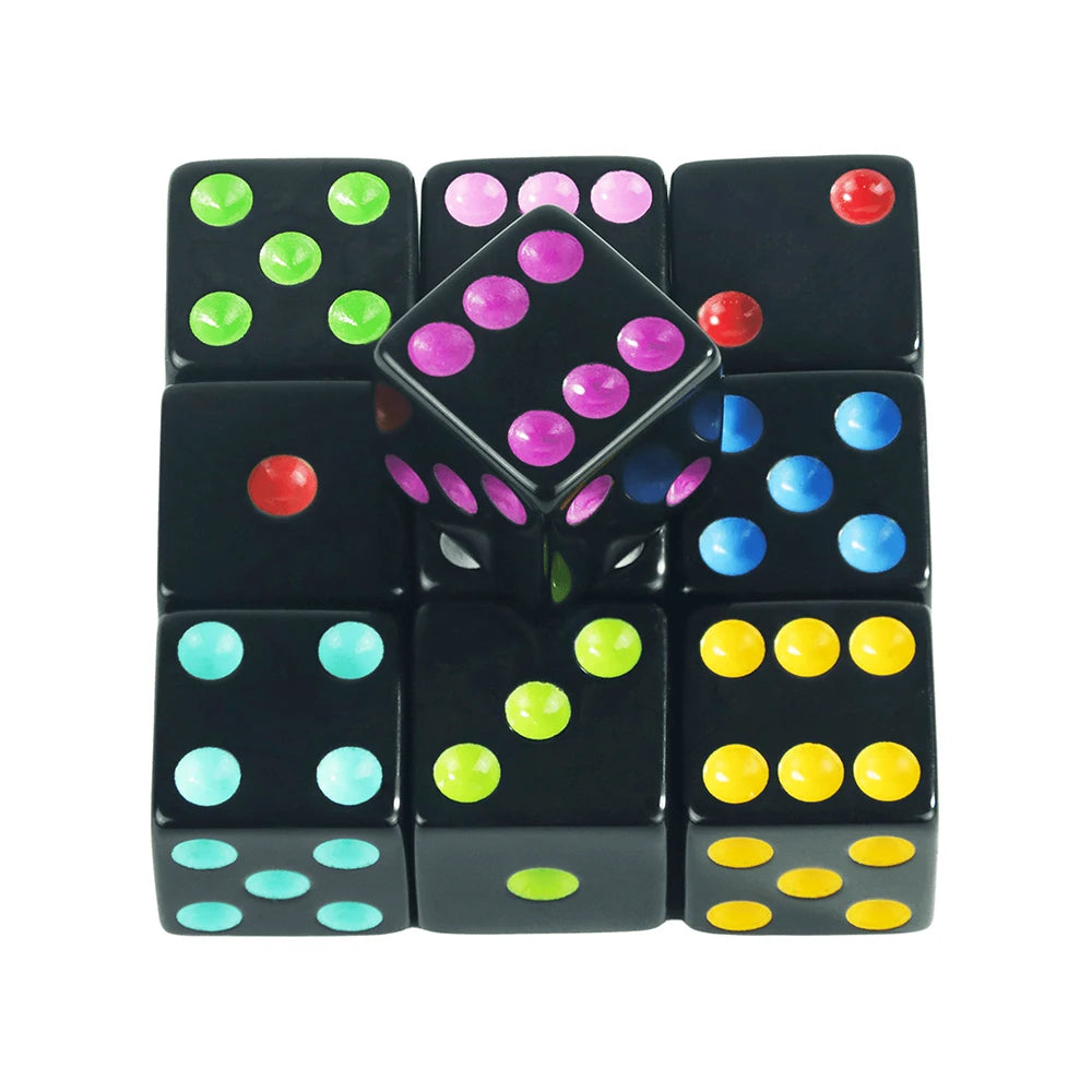 A set of ten vibrant colored acrylic six-sided dice arranged in a grid.