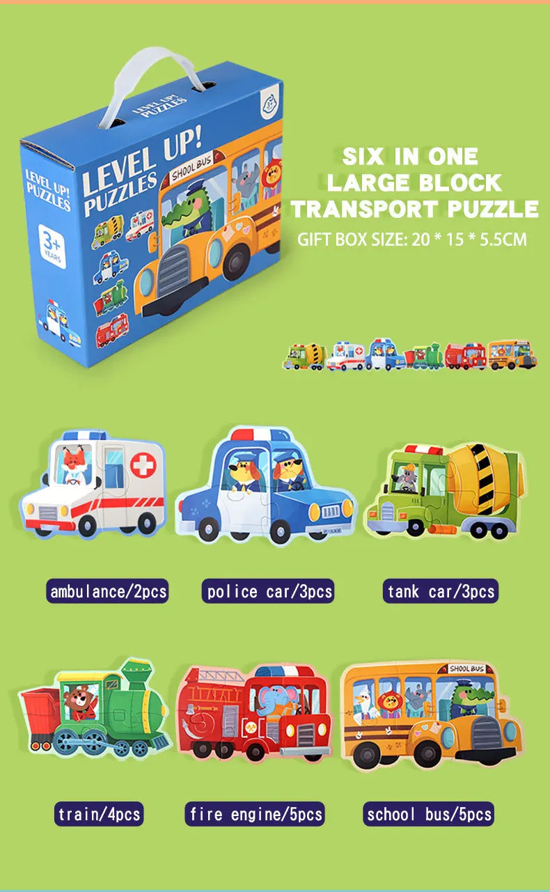 A box of six large block transport puzzles featuring various vehicles like ambulances, police cars, tanks, trains, fire engin