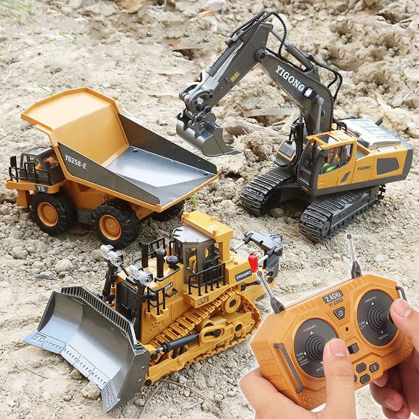 A yellow heavy-duty RC excavator bulldozer model with a shovel and a remote control is shown on dirt.