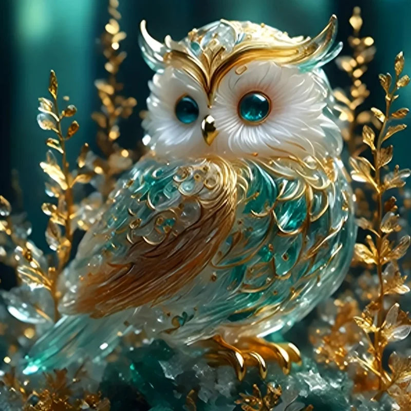 A detailed glass owl figurine with gold accents sits on a textured surface.