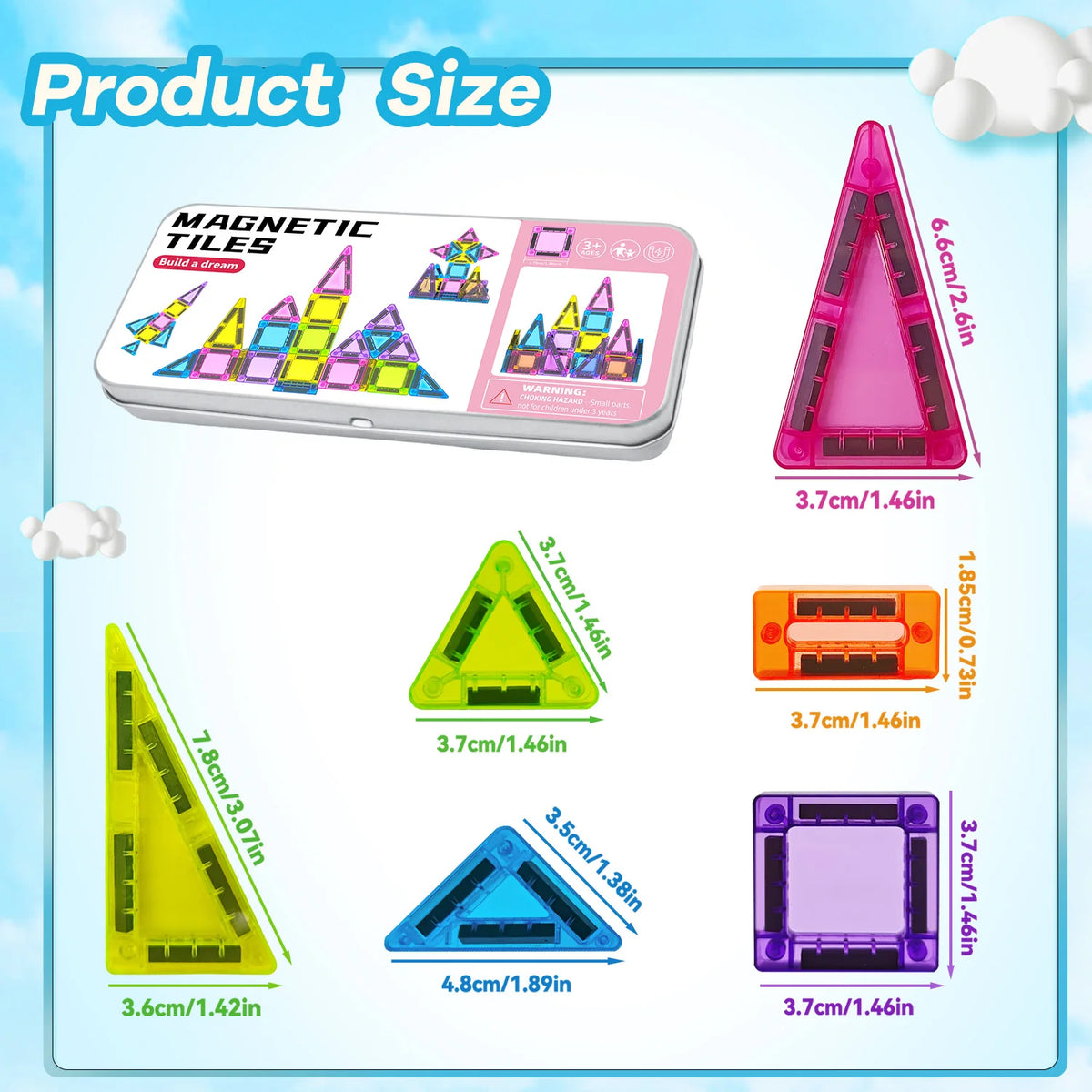 A set of magnetic tiles and building blocks shown in various sizes and angles.