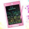 A pink LCD writing tablet for kids displaying the text I'm HAPPY and various dinosaur and nature drawings.