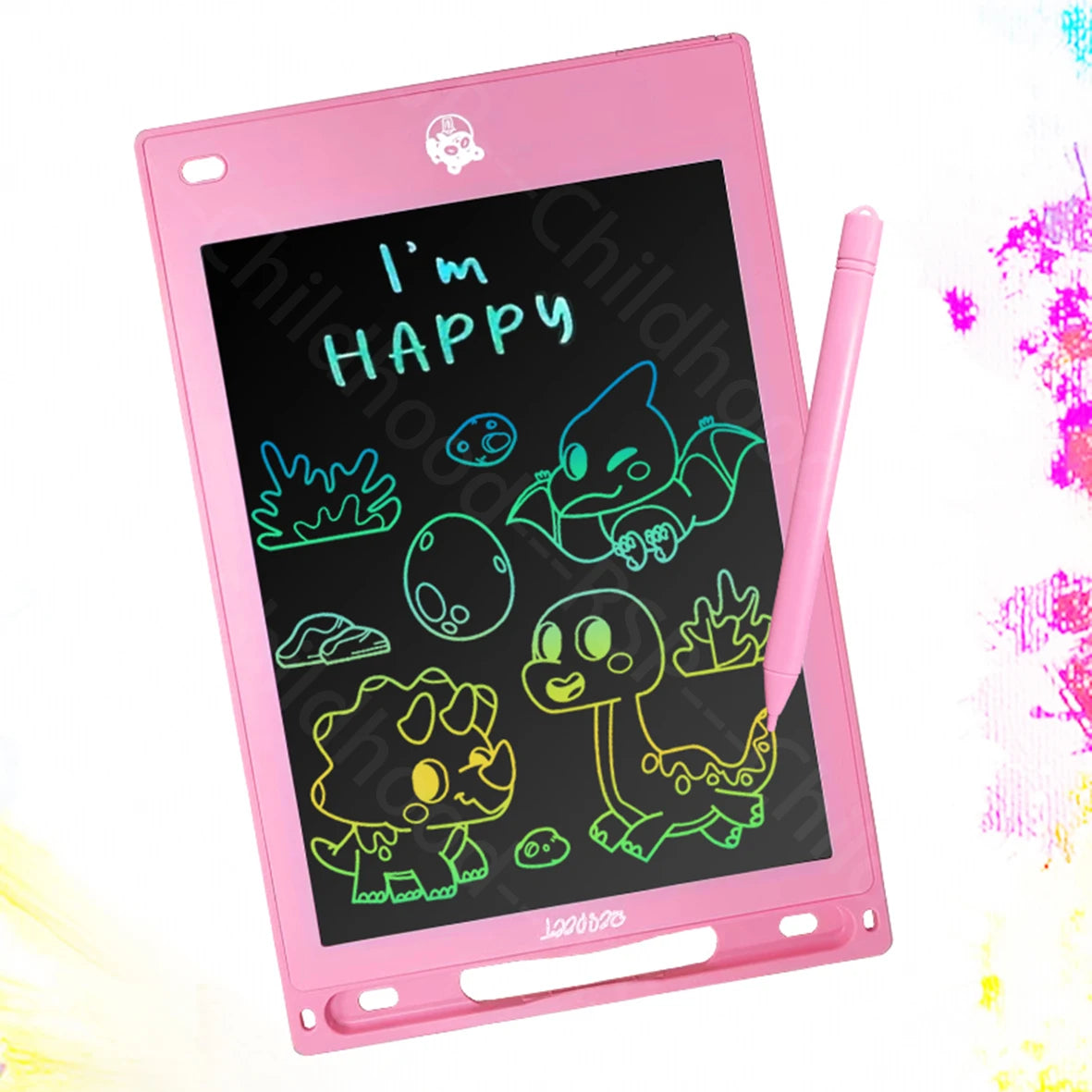 A pink LCD writing tablet for kids displaying the text I'm HAPPY and various dinosaur and nature drawings.