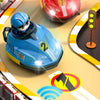 A remote control battle car toy in red and blue racing on a track with traffic lights and wireless signal icons.