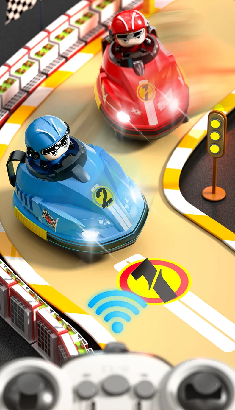 A remote control battle car toy in red and blue racing on a track with traffic lights and wireless signal icons.