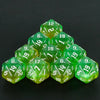 A pyramid of ten green glitter D20 polyhedral dice set for tabletop games