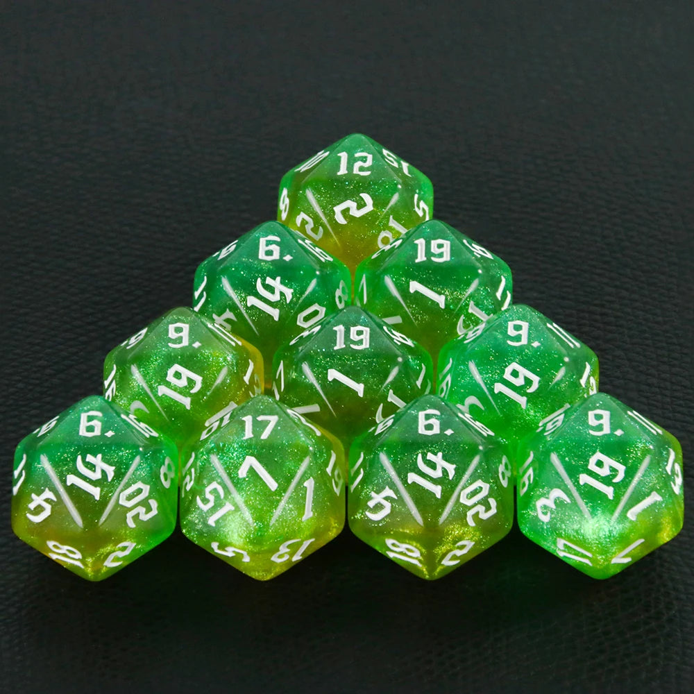 A pyramid of ten green glitter D20 polyhedral dice set for tabletop games