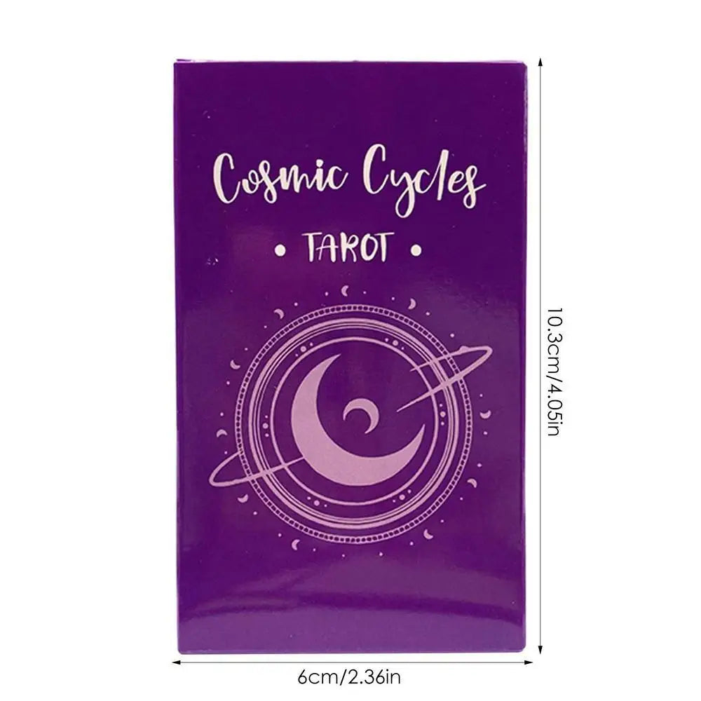 A purple box for Cosmic Cycles Tarot cards featuring a crescent moon and planet design.