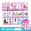 A set of 45 pink daily routine flashcards for kids featuring various activities like wake up, make dinner, and exercise.